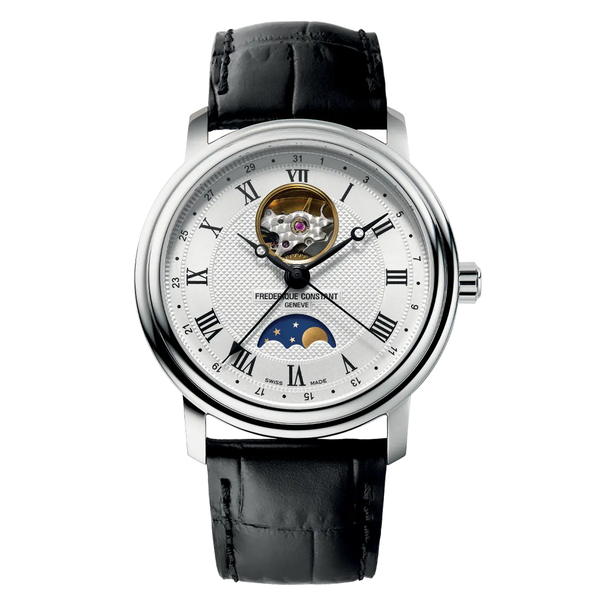 Frederique Constant HEART BEAT MOONPHASE DATE black leather bracelet st Watchap white face silver steel case