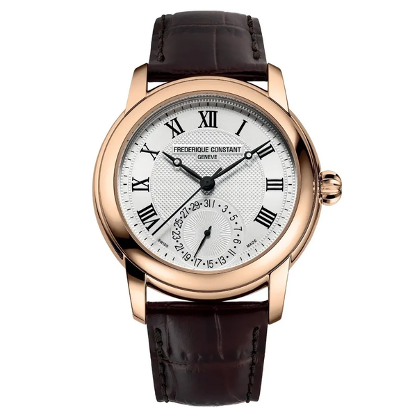 Frederique Constant Manufacture Classic Automatic black leather strap bracelet rose gold case white face black numerals Watch