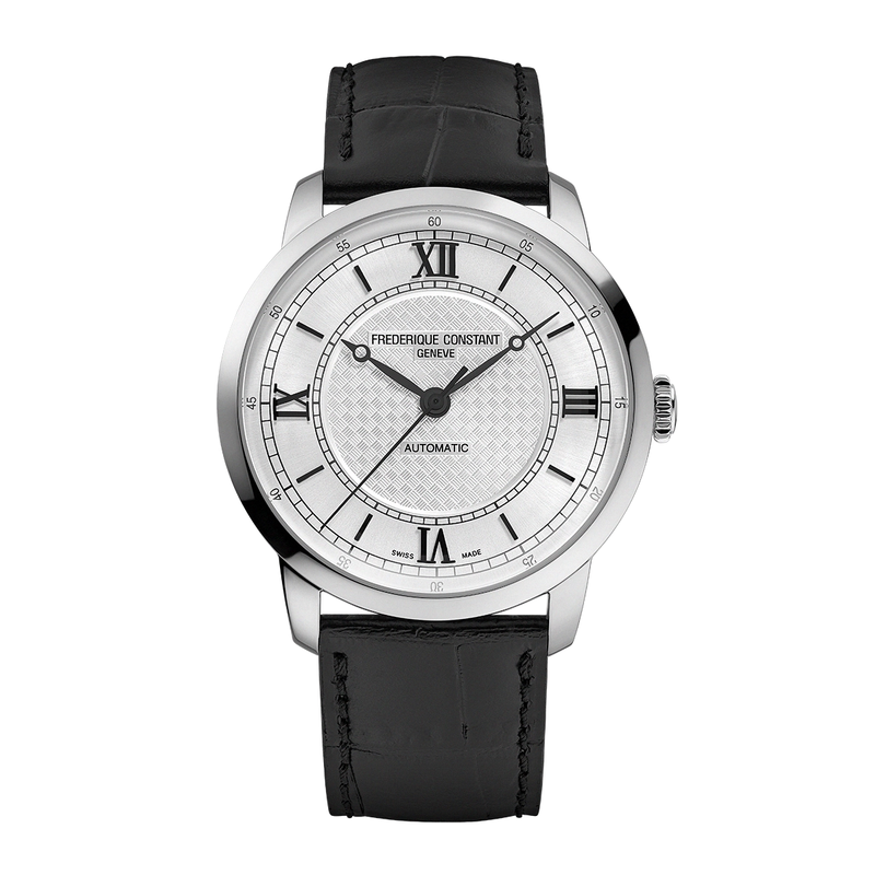 Frederique Constant PREMIERE black leather strap bracelet steel case white face Watch