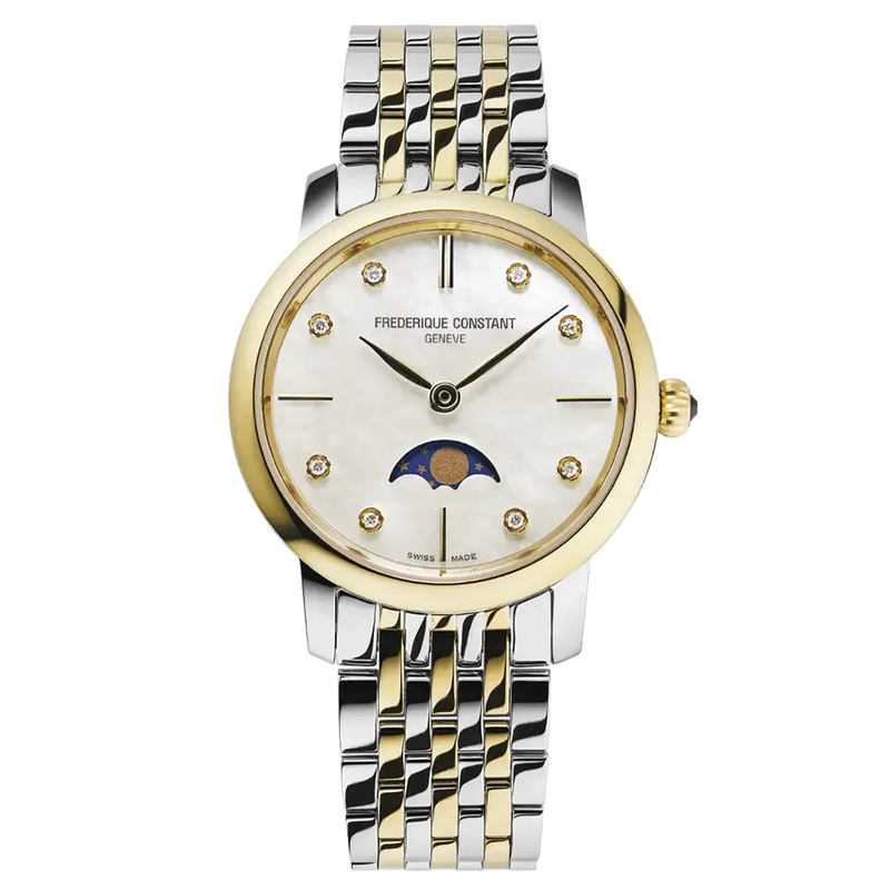 Frederique Constant SLIMLINE LADIES MOONPHASE Ladies yellow silver bracelet white dial cz diamond stines Watch