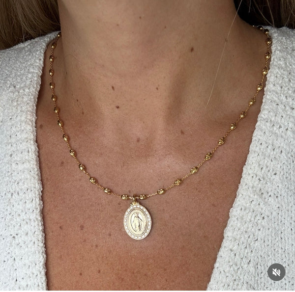Yellow Gold Plated CZ Miraculous Medal and Diamond Cut Chain