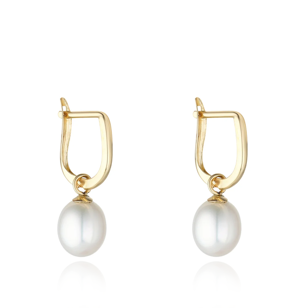 yellow gold huggies pearl drops earrings