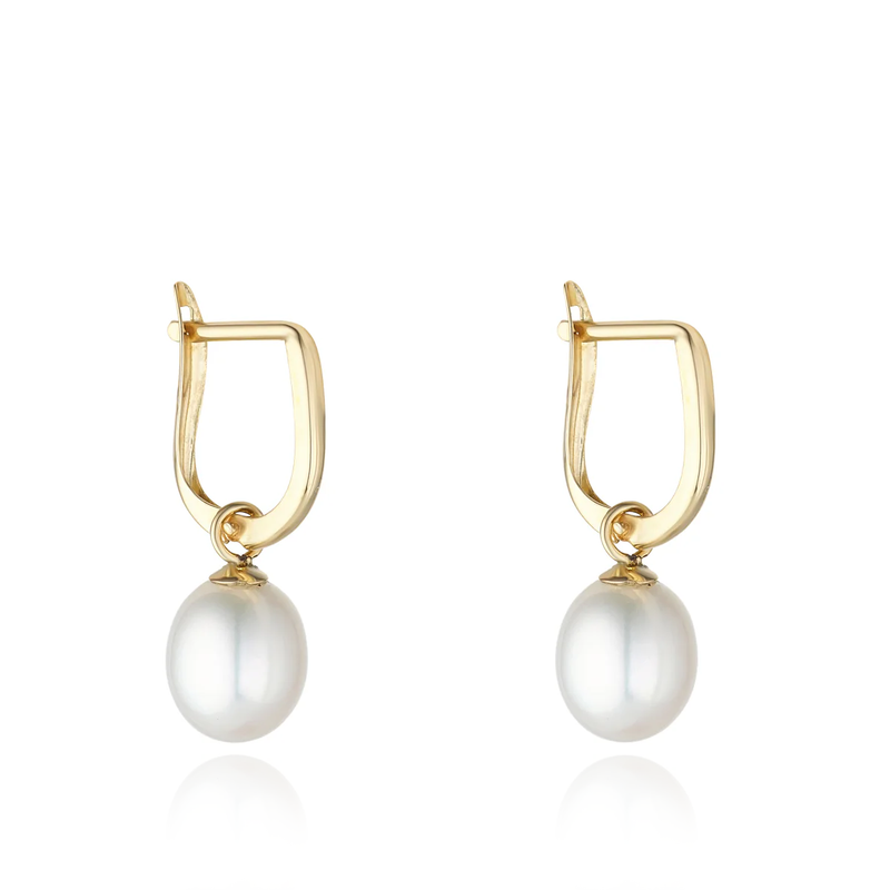 yellow gold huggies pearl drops earrings