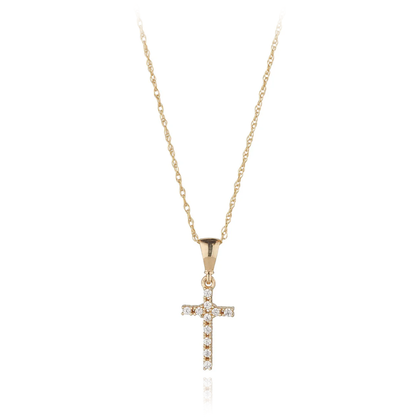 yellow gold small cross with cz cubic zirconia stones necklace