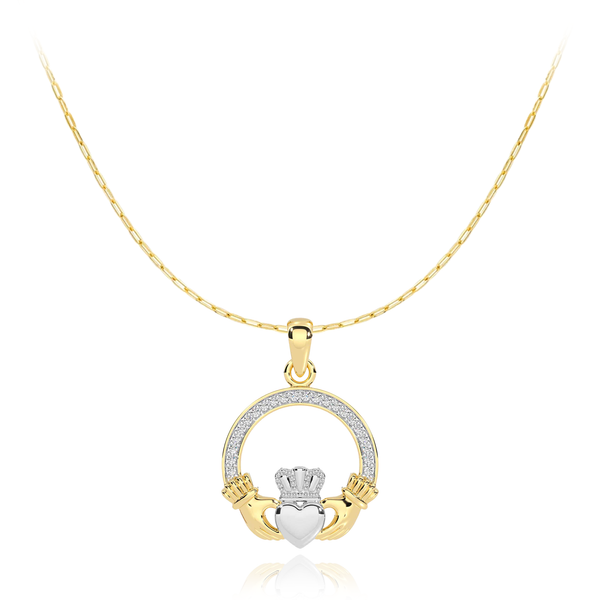 two tone yellow gold sterling silver claddagh with cz cubic zirconia stones pendant necklace