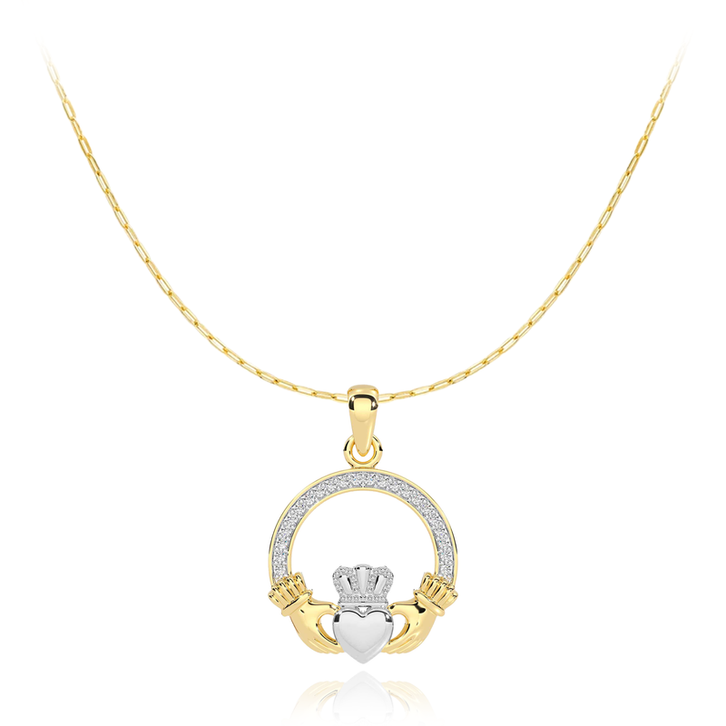 two tone yellow gold sterling silver claddagh with cz cubic zirconia stones pendant necklace