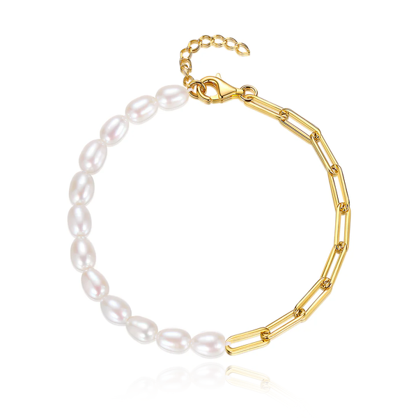 yelow gold paper chain and pearls bracelet