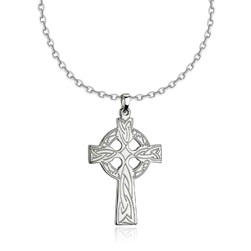 sterling SILVER ENGRAVED CELTIC CROSS PENDANT Diamond Cut Oval Chain Necklace