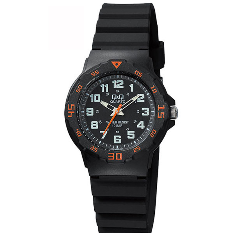 Q&Q BLACK RESIN bracelet white numerals black orange case dial WATCH