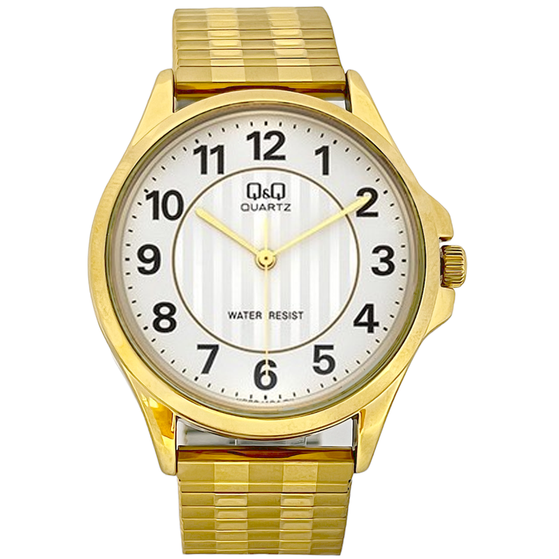 Q&Q watch yellow gold bracelet white dial black numerals