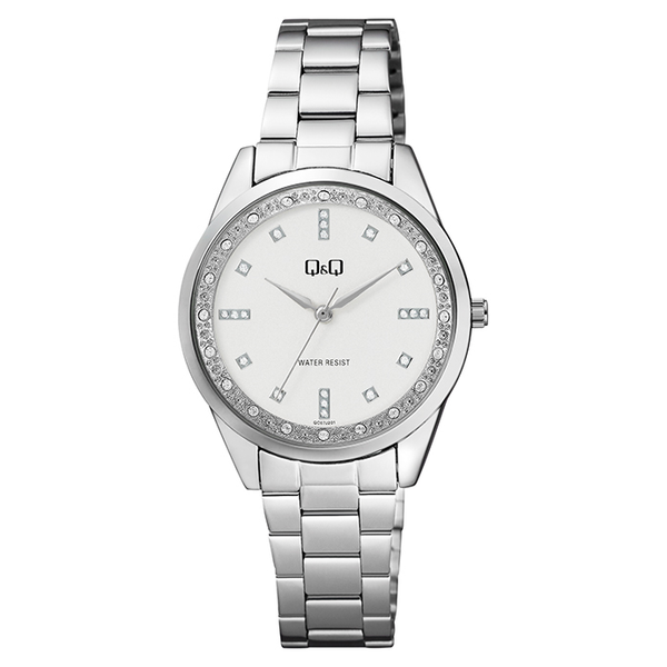 Q&Q watch silver stainless steel bracelet white dial crystal cz cubic zirconia diamonds