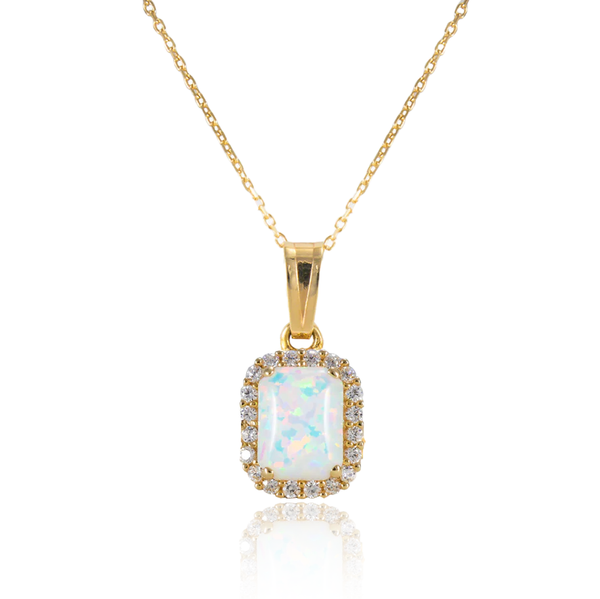 yellow gold rectangle opal cz cubic zirconia stones pendant chain necklace