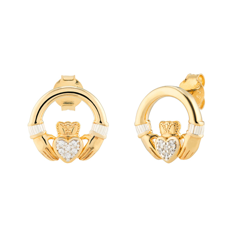 Gold Plated Silver Claddagh CZ Stud Earrings