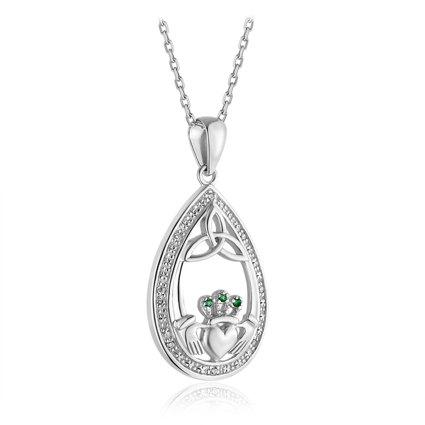 sterling silver cz cubic zirconia stones green emerald celtic knot trinity claddagh pendant chain necklace