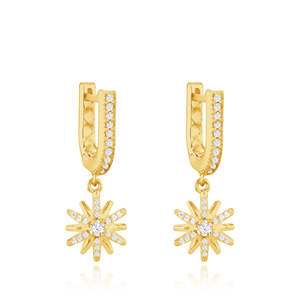 sterling silver yellow gold plated drop huggies earrings with stars cz cubic zirconia stones