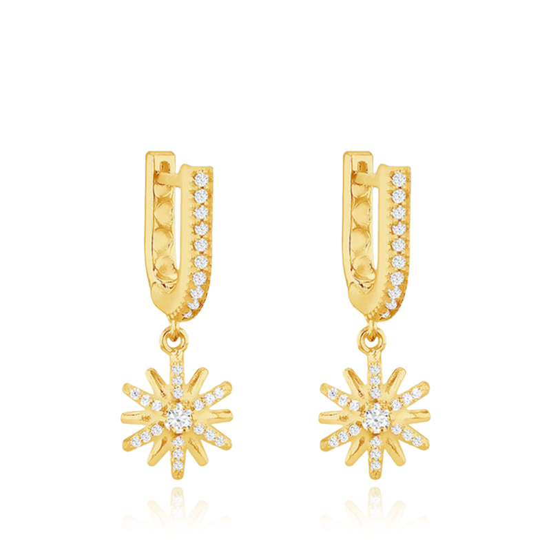 STERLING SILVER GOLD PLATED WHITE CZ STAR DROP HUGGY EARRING