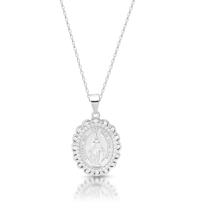 Silver Scaloped Edge CZ Miraculous Medal and Chain