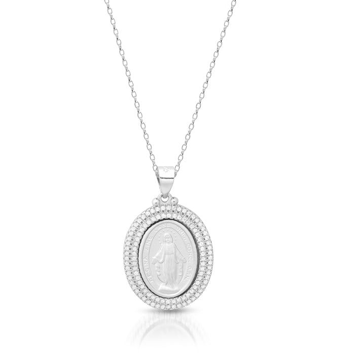 Silver Miraculous Medal Double Row CZ and Chain