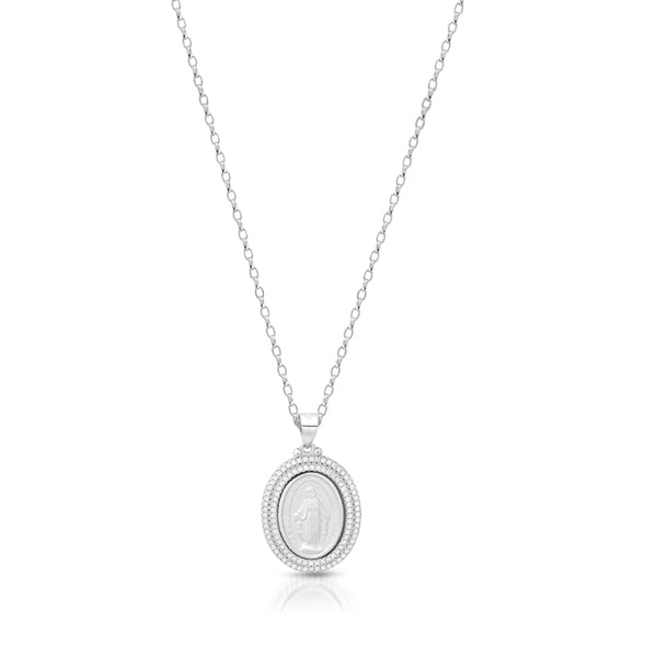 Silver Petite Miraculous Medal Double Row CZ and Chain