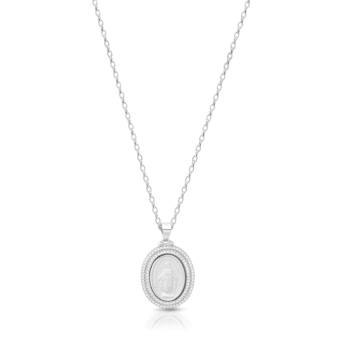 Silver Petite Miraculous Medal Double Row CZ and Chain