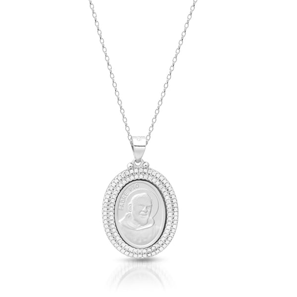 Silver CZ Padre Pio Medal and Chain
