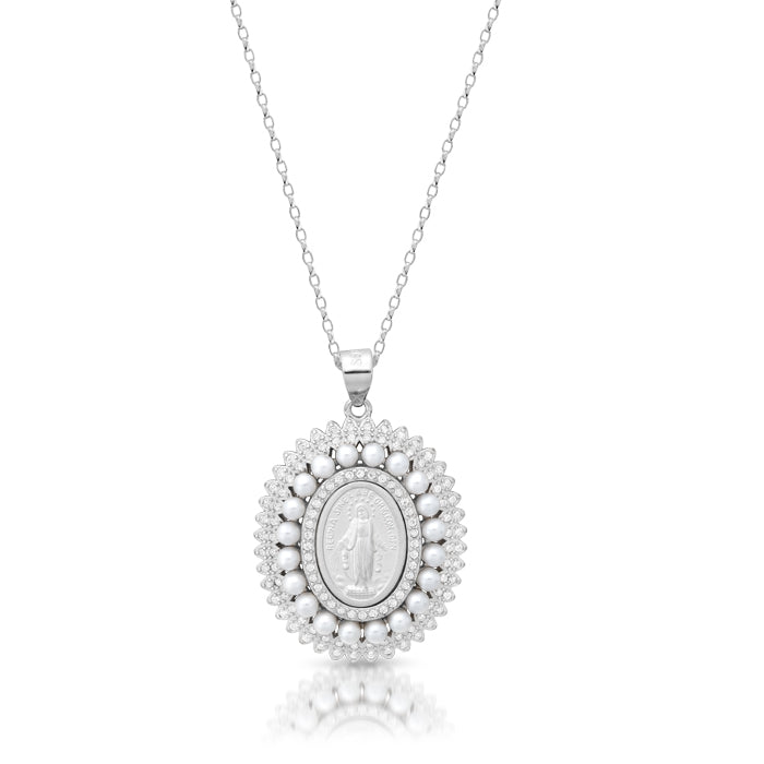 Silver CZ Miraculous Medal with Pearls and Chain