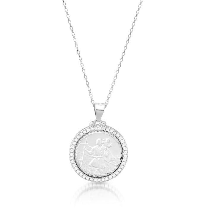 Silver CZ Saint Christopher Medal Necklace