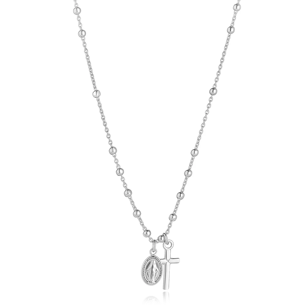 Silver Miraculous & Cross Chain Necklace