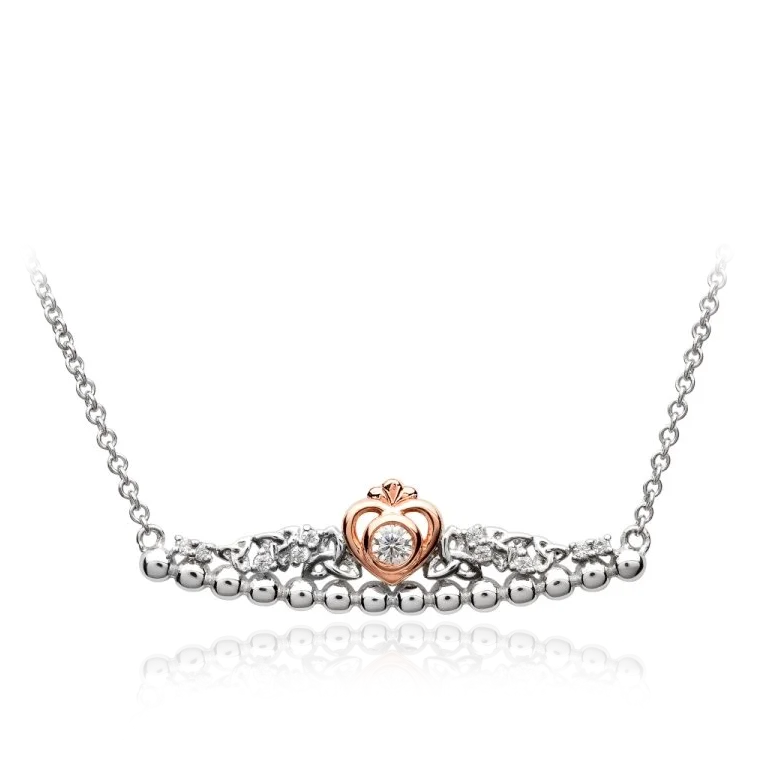 two tone stering silver rose gold celtic trinity knot heart cz cubic zirconia stones necklace