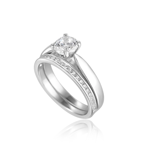 Silver CZ Solitare Ring & Wedding Band Set