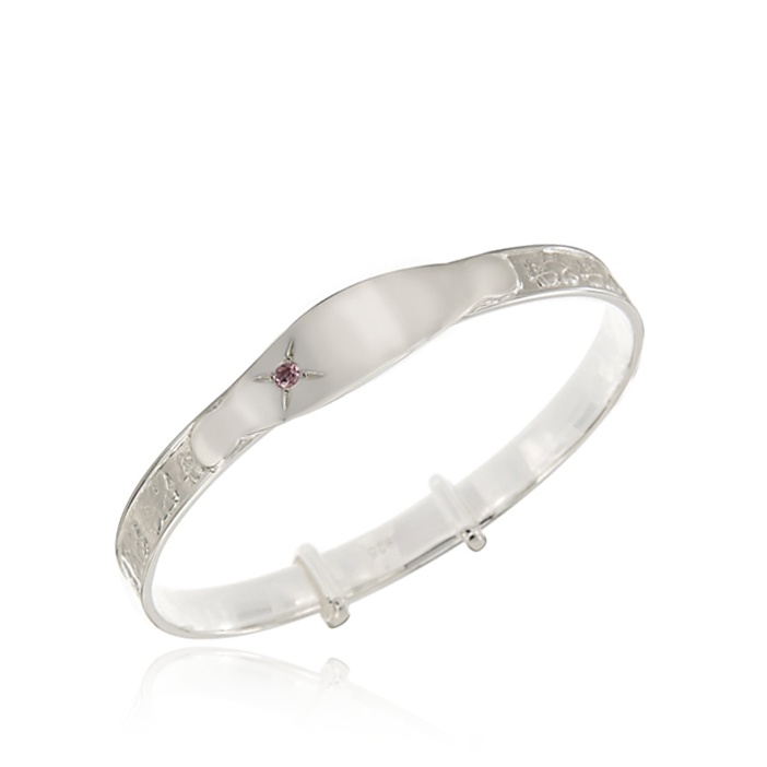 sterling silver baby bangle with pink cz cubic zirconia and engravings bracelet