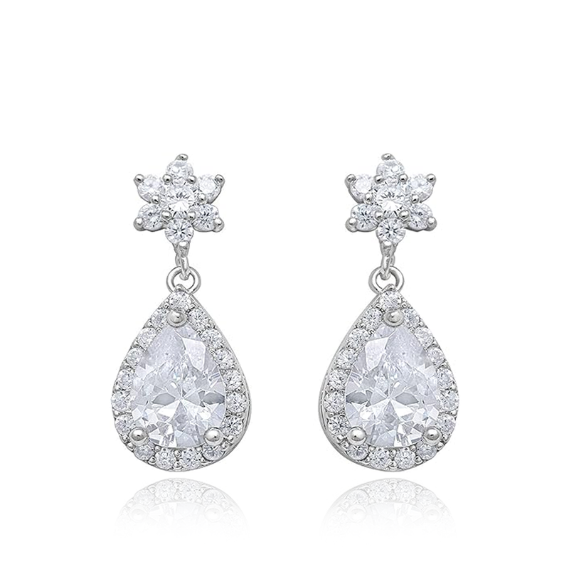 Sterling Silver CZ Flower Drop Earrings - Main Image