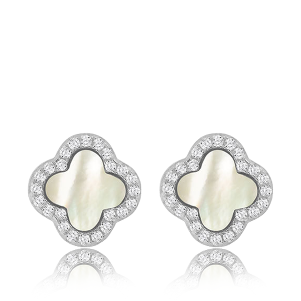 Sterling Silver Rhodium Plated 11mm Clover Mother of Pearl and 1.1mm White CZ Stud Earrings