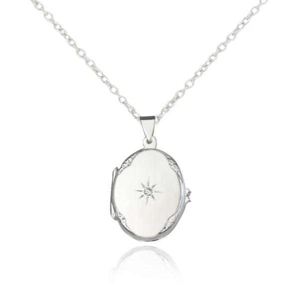 Sterling Silver Cubic Zirconia Star Centre Oval Locket Necklace