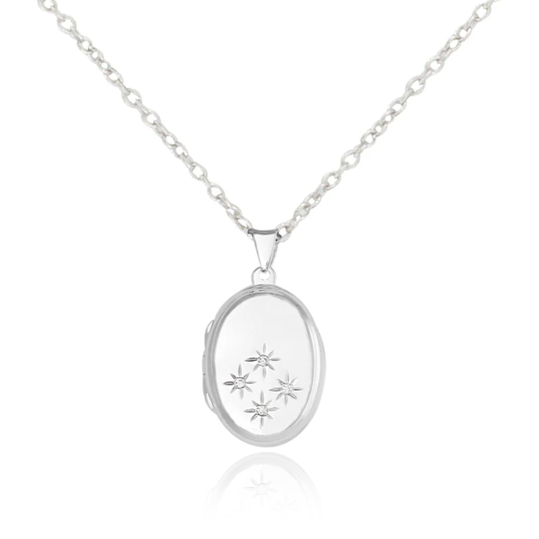 Sterling Silver Four Cubic Zirconia Star Oval Locket Necklace