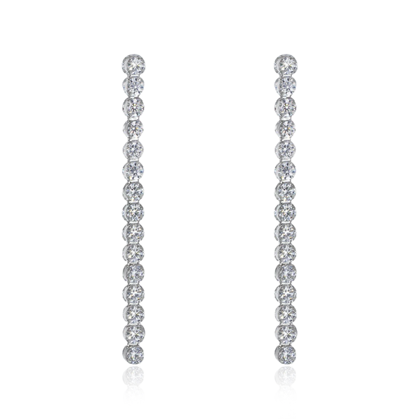 Sterling Silver Rhodium Plated White CZ 2.5mm x 33mm Drop Earrings