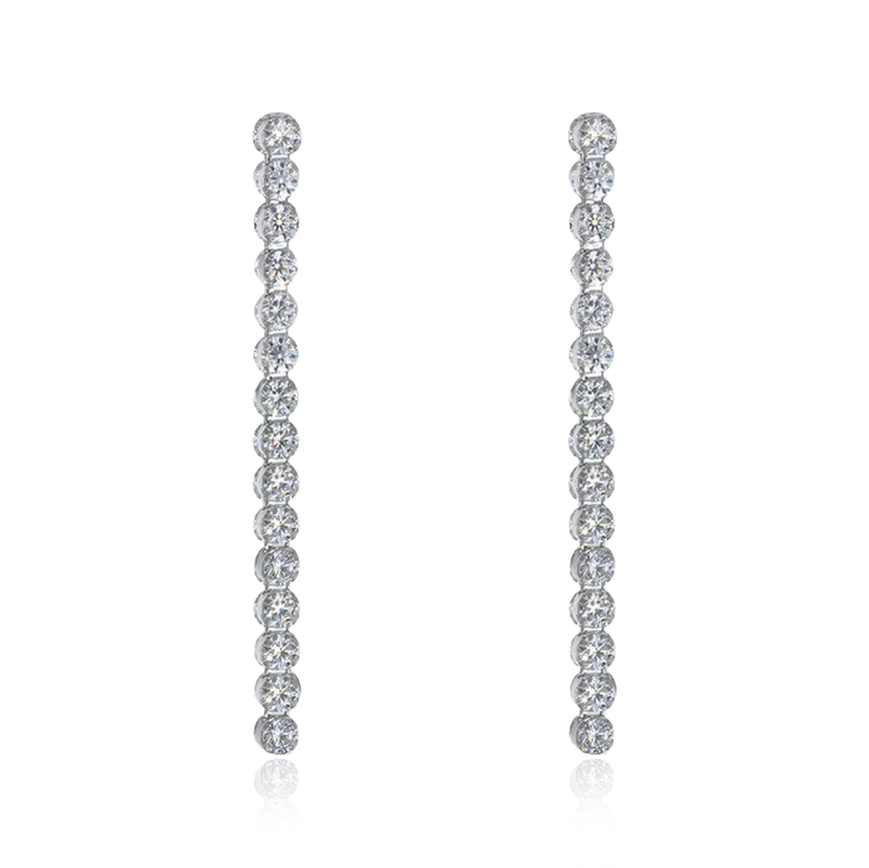 Sterling Silver Rhodium Plated White CZ 2.5mm x 33mm Drop Earrings