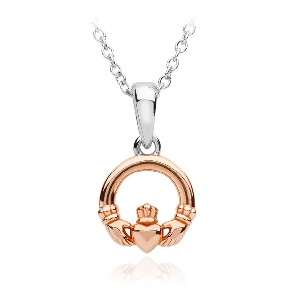 two tone sterling silver rose gold claddagh small pendant necklace