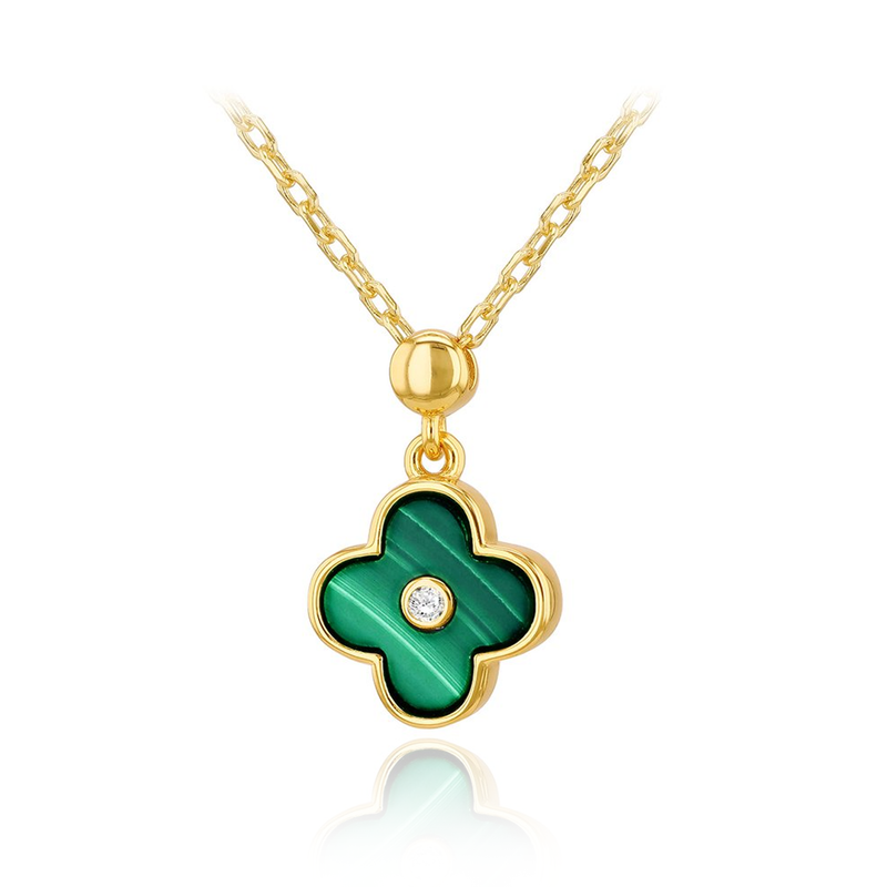 Sterling Silver Yellow Gold Plated Clover Malachite CZ Adjustable Necklace