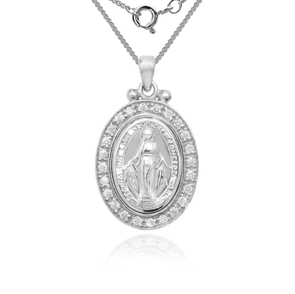 sterling silver miraculous medal pendant with cubic zirconia pave set necklace