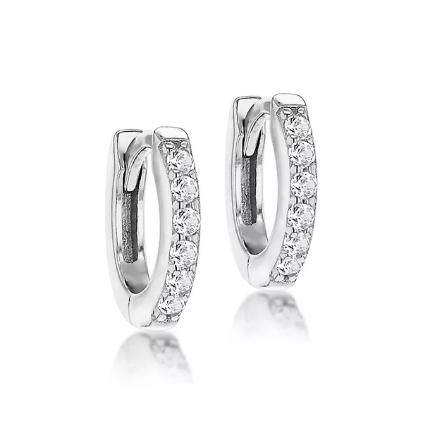 Sterling Silver Rhodium Plated 12 x 1.5mm Cubic Zirconia Hinged Small Hoop Earrings