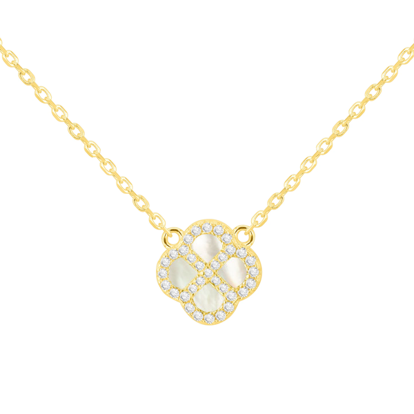 Sterling Silver Yellow Gold Plated Mother Of Pearl Clover CZ Necklace