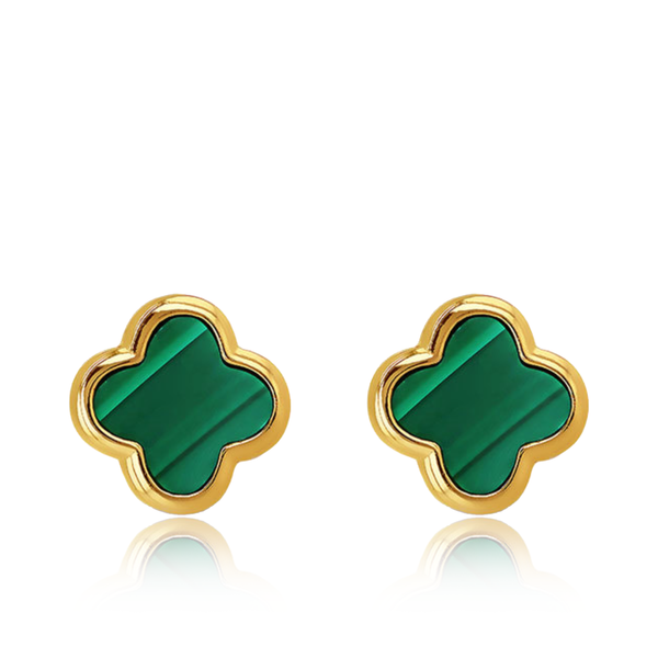 Sterling Silver Yellow Gold Plated 7.3mm x 7.3mm Clover Malachite Stud Earrings