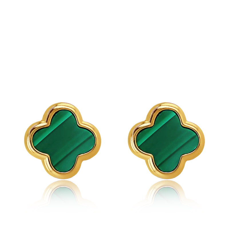 Sterling Silver Yellow Gold Plated 7.3mm x 7.3mm Clover Malachite Stud Earrings