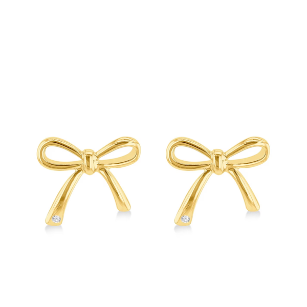 Sterling Silver Yellow Gold Plated 9mm X 10.5mm Bow with 0.003ct Round White Diamond Stud Earrings