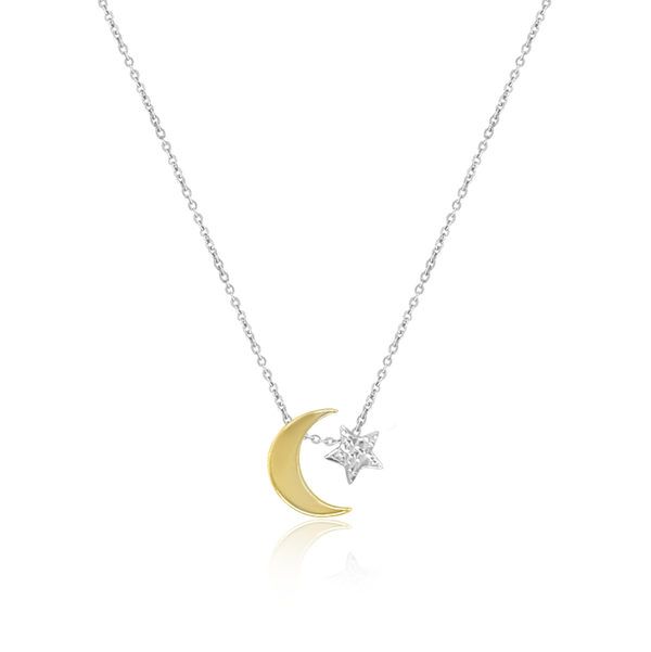 Two Tone Moon and Diamond Cut Star Pendant Necklace