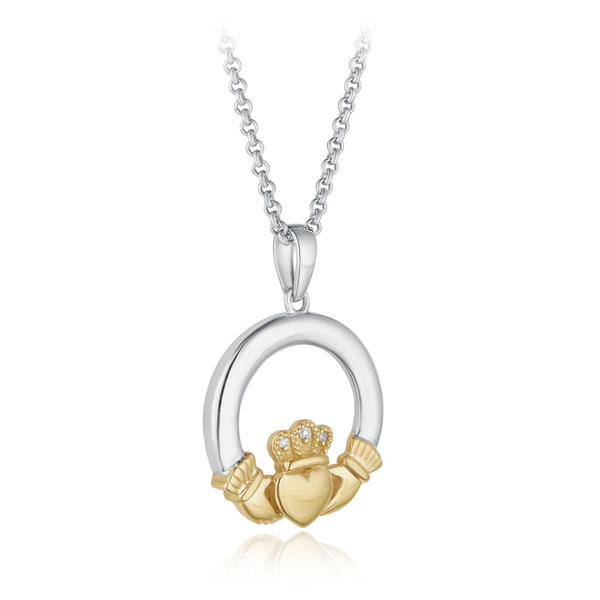 YELLOW GOLD & SILVER DIAMOND CLADDAGH NECKLACE