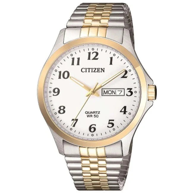 citizen mix metal white dial black numerals watch