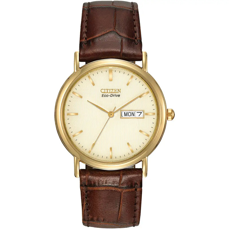 CITIZEN GOLD case dial brown LEATHER strap bracelet WATCH