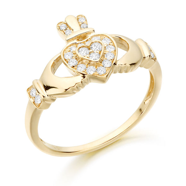9ct Gold CZ Claddagh Ring with Micro Pave stone setting